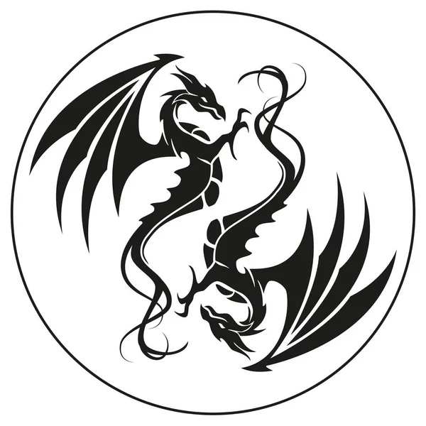 Çemberdeki ejderhalar - Ejderha sembolü dövmesi, siyah ve beyaz vektör çizimi — Stok Vektör