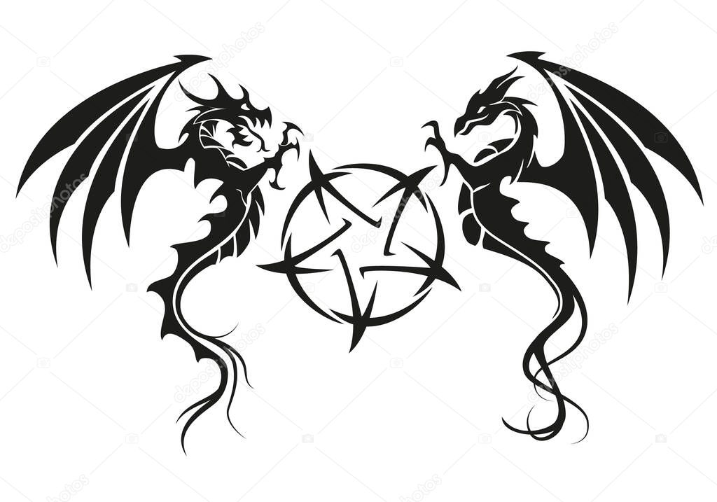 Dragons with pentagram - Dragon symbol tattoo, black and white vector illustration