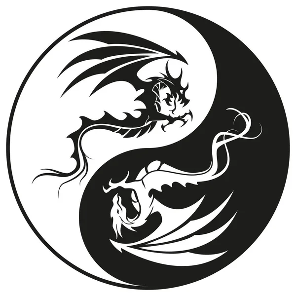 Smoki w kręgu Yin i yang - Dragon symbol tatuażu, czarno-biały wektor ilustracji — Wektor stockowy