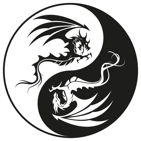 Yin ve Yang çemberindeki ejderhalar - Ejderha sembolü dövmesi, siyah ve beyaz vektör çizimi
