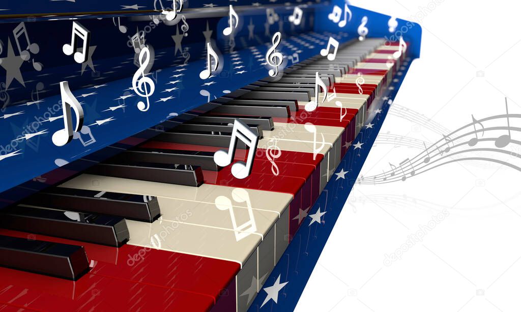 3D rendering of a piano in the colors of the national flag of the united states close up