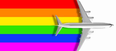 LGBT gökkuşağı bayrağı üzerinde uçan ticari bir uçağın üç boyutlu resmi