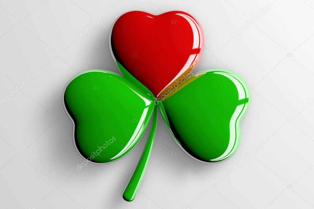 3d rendering of shamrock clover with heart on white background close up