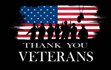 Veterans Day. Soldiers on the background of the flag of America close up clipart