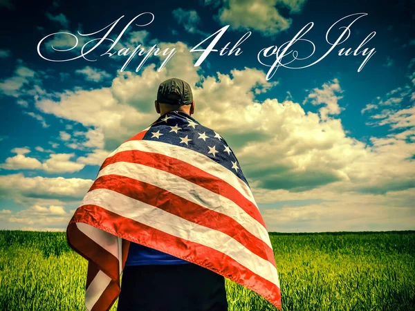 Independence Day Man Draped His Shoulders American Flag Blue Sky — Stock Photo, Image