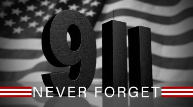9-11 numaralarının Amerikan bayrağının arka planına göre 3 boyutlu yorumlanması. Vatanseverlik Günü.