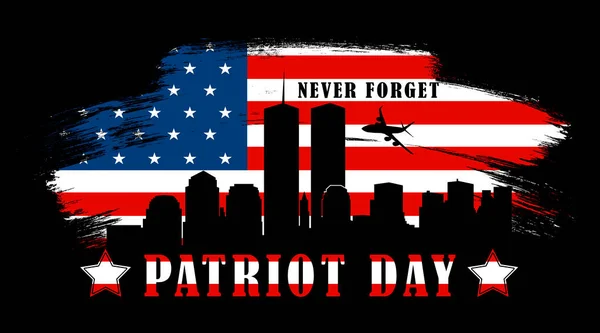9/11 illustration for Patriot Day USA. Black background with Twin Towers close up, Never Forget lettering. USA September 11 Attacks