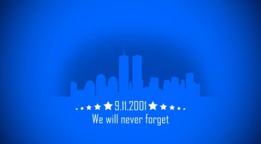 11 Eylül 2001 'de ABD asla unutmaz. İkiz Kuleler WTC Gökdelenler Sillhouette. Vatanseverlik Günü, ABD Anma Günü, Anma Günü. 11.09.2001. Asla unutma.