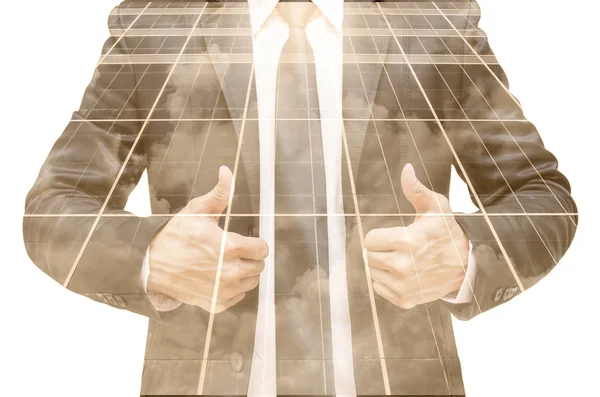 Double exposure of businessman with cityscape building glass — Stock Photo, Image