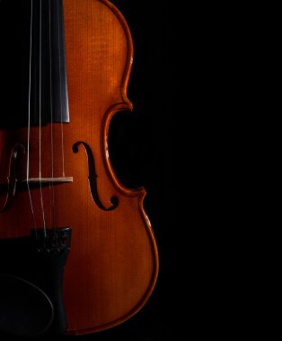 Siyah arka plan üzerine closeup keman Orkestrası müzik aletleri