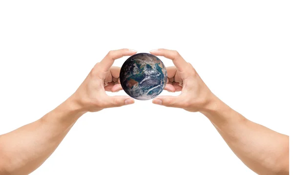 Man hand catching the earth on white background, include clipping path, Elements of this image furnished by NASA — Stock Photo, Image