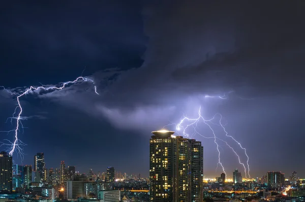 Lightning over the Bangkok cityscape at night