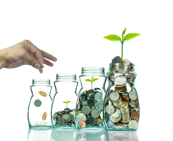 Mano mettendo monete mix e semi in bottiglia trasparente su sfondo bianco, concetto di crescita degli investimenti aziendali — Foto Stock