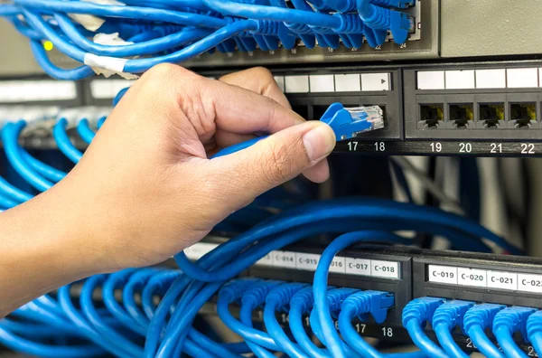 Tenencia de manos y enchufe de cable de red — Foto de Stock