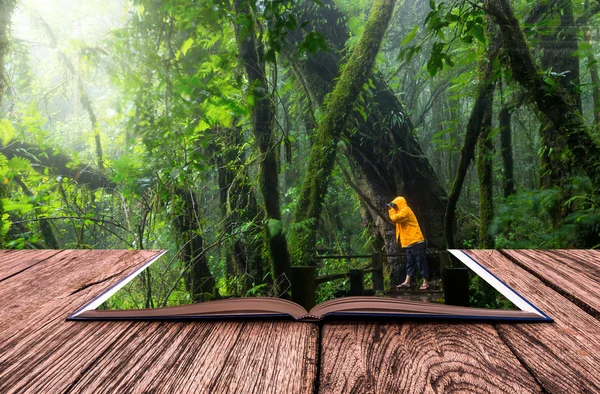 Путешественник фотографируется в красивом лесу — стоковое фото