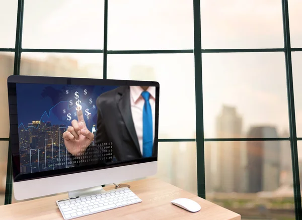 Computer with Businessman point sign — Stock Photo, Image