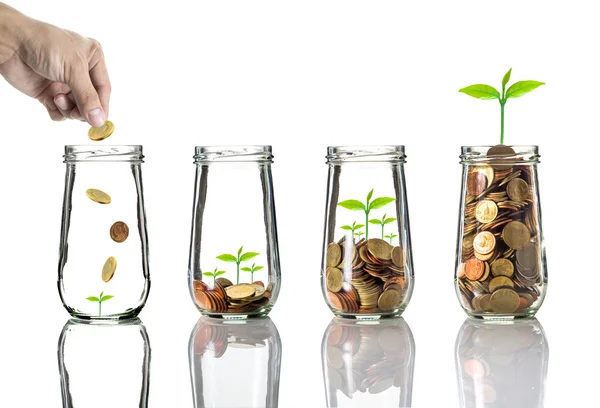 Hand putting gold coins — Stock Photo, Image