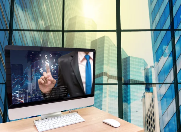 Computer with Businessman point sign — Stock Photo, Image