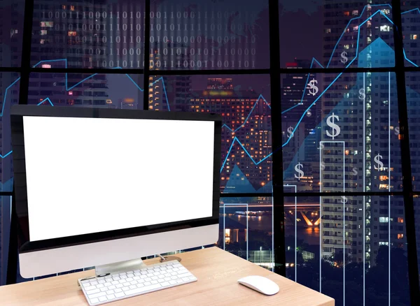 Computer on wood table — Stock Photo, Image