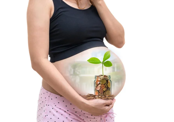 Schwangere mit Goldmünzen — Stockfoto