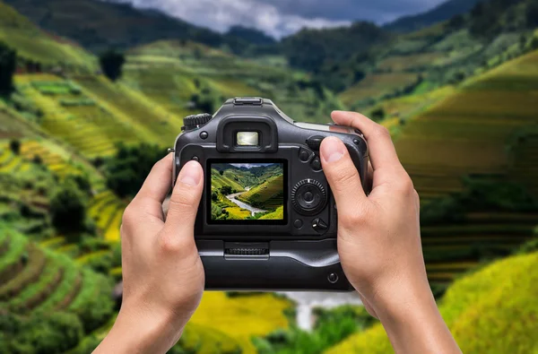 Manos sosteniendo la cámara — Foto de Stock