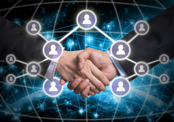 Business handshake with Social media symbols