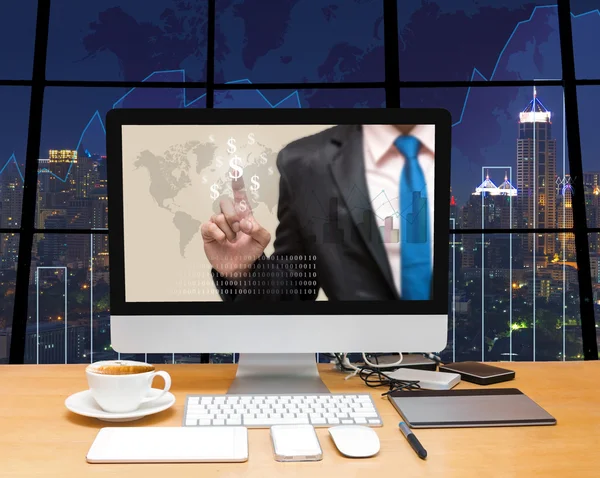 Computer desktop with Businessman point sign — Stock Photo, Image