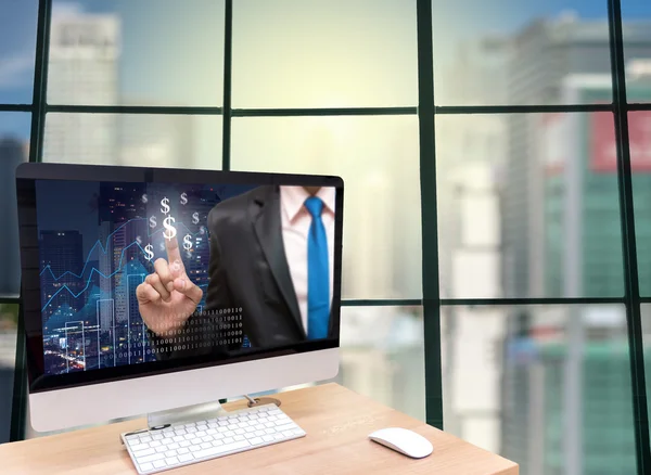 Computer with businessman point sign — Stock Photo, Image