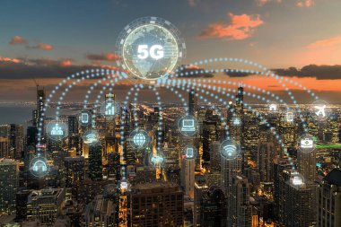 5G teknoloji ve bilgisayar ağı bir şeyin internet simgesi ile Şikago şehrinin Top view, ABD şehir merkezi silueti, Mimari ve turist, Bağlantı ve küresel ağlar kavramına sahip bina