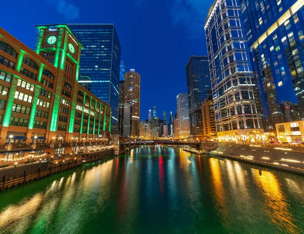 Scene Chicago Riverwalk Cityscape Twilight Time Usa Downtown Skyline Illinois — Stock Photo, Image