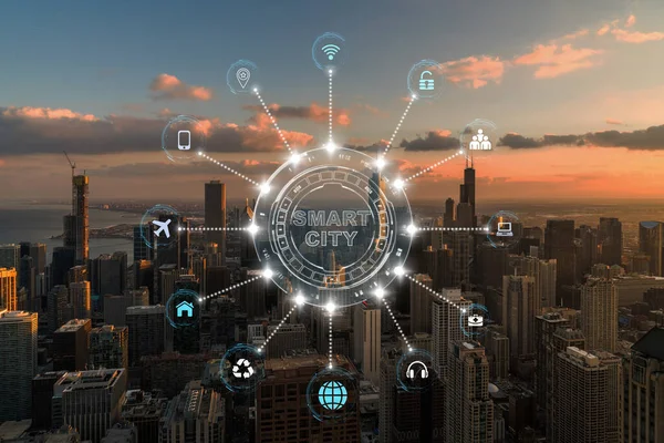 Technology connection line of Smart City over Chicago cityscape river side at the sunset time, network connection with wireless technology, centralized management and global communications concept