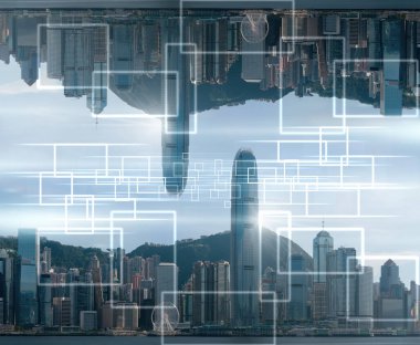 Hong Kong Şehri 'nin gökyüzü tasarımcısı, iş mimarisi ve turizm konsepti, teknoloji akıllı şehir ve internet kavramına sahip bina teknolojisi., 