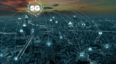 Bangkok şehrinin Panorama üzerinde inşa edilen bina ile Fantastik Alacakaranlık Zamanı Modern bina, Bağlantı ve küresel ağlar konsepti arasındaki 5G bağlantı hattı