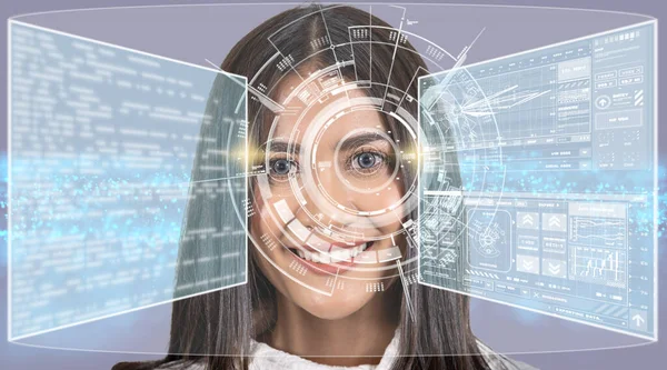 Asian women being futuristic vision over the Part of graphic particle, digital technology screen over the eye vision background,security and command in the accesses. surveillance and sefety concept