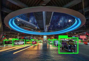 Derin Öğrenme Teknolojisi için Yapay Zeka. Bangkok şehir merkezinin geniş açılı görüntüsü. Akşam saatlerinde MBK alışveriş merkezi etrafında tünel kavşağı var.