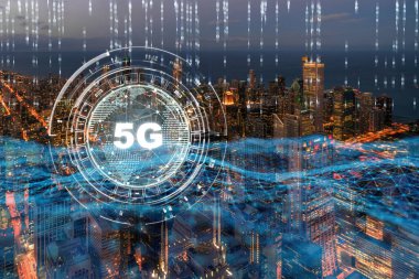 Chicago şehir manzarası, kablosuz teknoloji ve merkezi yönetim, ağ bağlantısı ve akıllı şehir konseptiyle küresel iletişim üzerine 5G Connection Technology