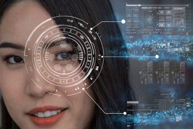 Asyalı kadınlar fütüristik vizyon, göz geçmişi üzerinde dijital teknoloji ekranı, erişimlerde güvenlik ve komuta. Gözetim ve güvenlik kavramı