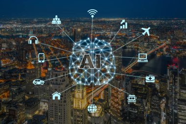 New York City gökdeleni üzerinde Yapay Zeka ve Nesnelerin İnternet Teknolojisi, ABD şehir merkezi gökdeleni, Mimari ve IOT ikon kavramına sahip turist, Ai ve AR ile bina