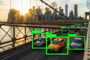 New York şehir manzarası üzerine Brooklyn Köprüsü 'nde, Amerika Birleşik Devletleri' nin günbatımı ile birlikte yoğun saatlerde trafiğin üstünde yapay zeka., 