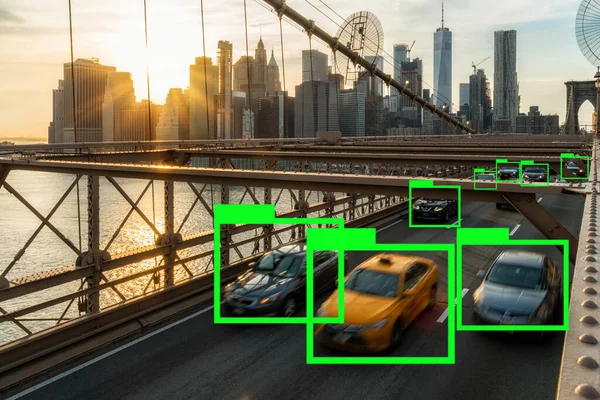 Artificial Intelligence for Deep Learning Technology over the Traffic in rush hour after working day on the Brooklyn bridge over New York cityscape background with sunset, USA, United States,