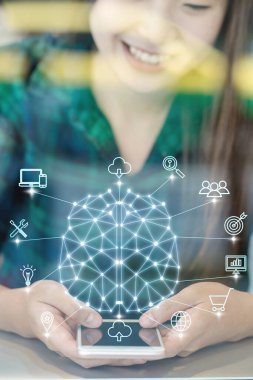 Yapay zekanın çokgen beyin şekli, akıllı şehrin internet ikonu Asyalı iş kadını elinin üzerinde teknolojinin akıllı cep telefonu, yapay zeka ve ticari IOT kavramını kullanması.