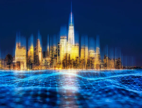 Smart City Technologie Aansluiting Van New York Ityscape Rivier Kant — Stockfoto