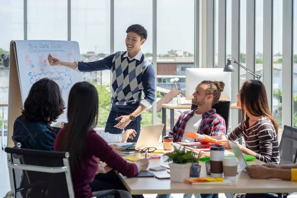 Aziatisch Creatief Manager Man Presenteren Van Succesvolle Ideeën Voorkant Van — Stockfoto