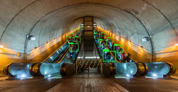 Technology face detection concept, Artificial Intelligence for Deep Learning Technology over photo blur of Undefinedd passenger travel with escalator in washington dc subway in rush hour