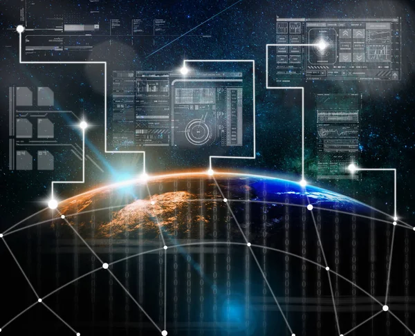 テクノロジー地球上のネットワーク接続を持つデジタル仮想スクリーン天の川背景 革新的なコンセプト Nasaによって提供されるこの画像の要素に対する太陽の上昇とレンズフレアの一部 — ストック写真