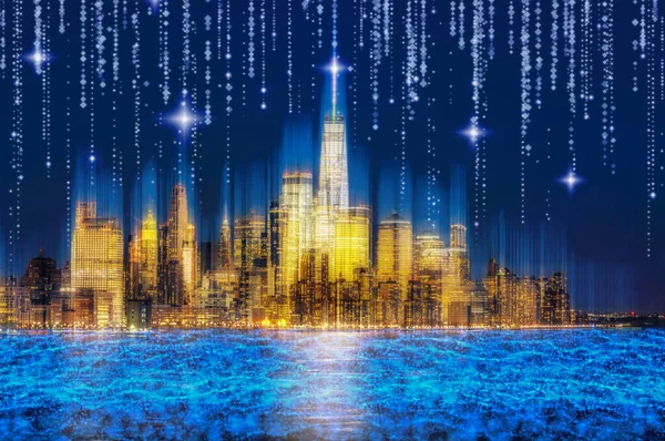 Smart City Technology Connection New York Ityscape River Side Twilight — Stock Photo, Image