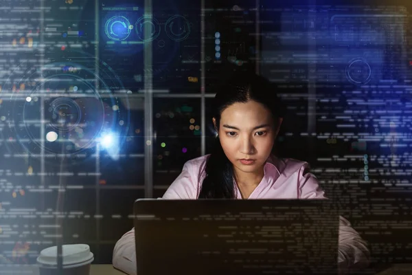 Asijské Podnikatelka Tvrdě Pracuje Pozdě Digitální Virtuální Futuristický Podle Svého — Stock fotografie