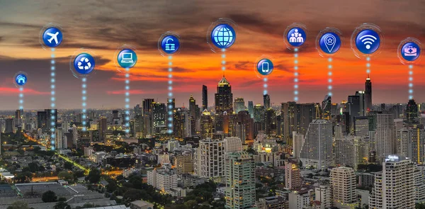 Internet Thing Iot Variouse Icon Fantastic Scene Panorama Bangkok Cityscape — Stock Photo, Image