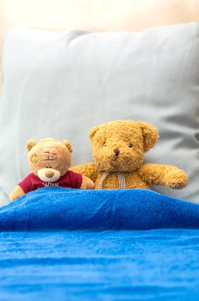 Dois TEDDY BEAR cor marrom na cama — Fotografia de Stock