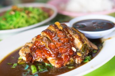 Kızarmış ördek sosu ve yeşil erişte ve plaka ile